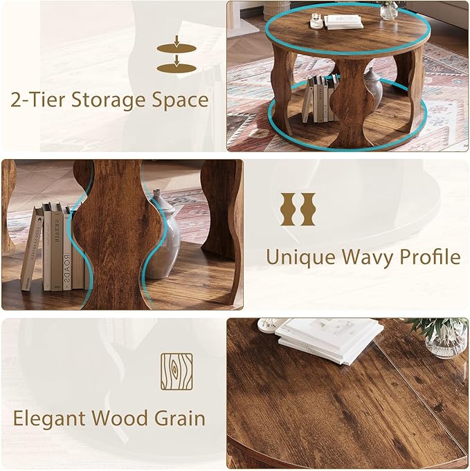HSH Round Wood Coffee Table, Rustic Brown Circle Center Table with Storage, Farmhouse Wooden Living Room Coffee Tea Tables in Small Room, Unique Vintage 2 Tier Circular Middle Cocktail Table, 31.5 in