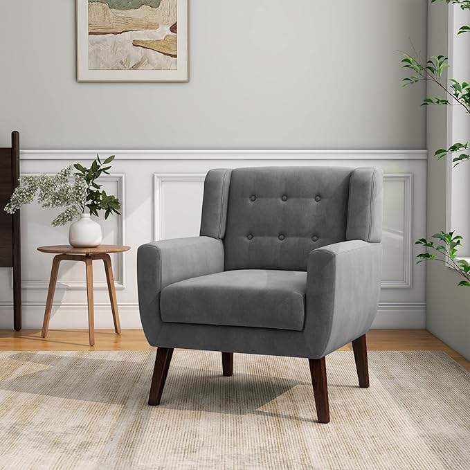 Accent Chair, Mid-Century Modern Velvet Fabric Chairs with Arms for Living Room, Comfy Upholstered Club Single Sofa Armchair for Bedroom Waiting Room with Solid Wood Frame (Velvet Grey, Set of 1)