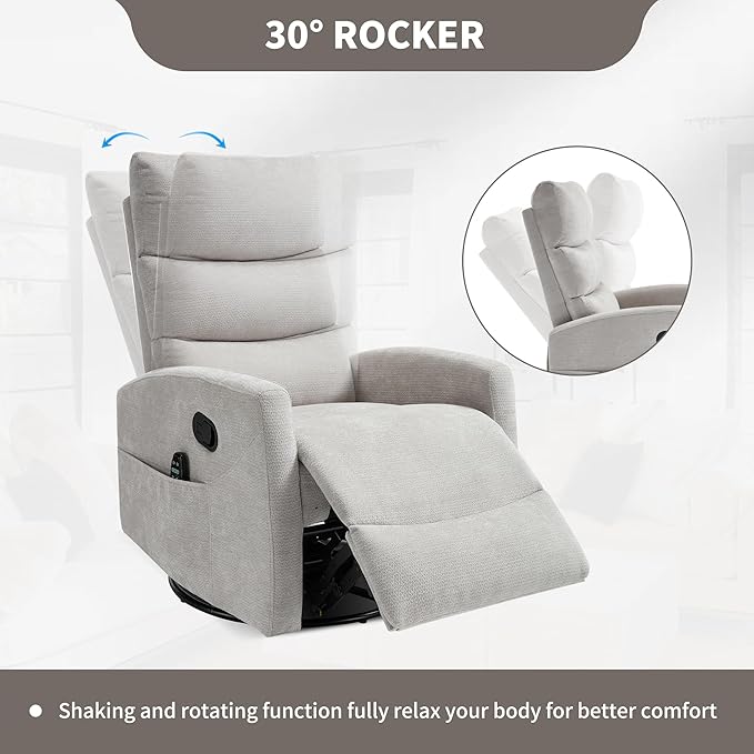 PELUMY Massage Recliner Chair with Heat - Manual Rocker Swivel Recliner, 360° Rotation & 155° Recline for Living Room（Linen Fabric, Beige）