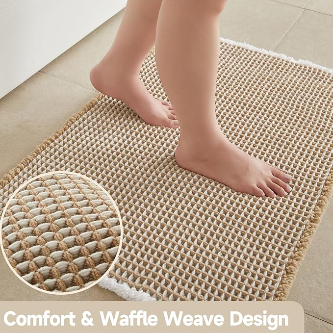 Waffle Bath Mat, Boho Bathroom Rugs Non Slip Washable Super Absorbent Quick Dry Bath Mat Farmhouse Bathroom Decor, 30"x20" Khaki and White