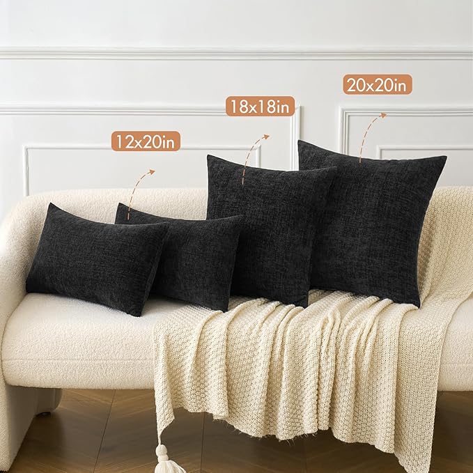 MIULEE Halloween Pack of 2 Couch Throw Pillow Covers 12x20 Inch Soft Black Chenille Pillow Covers for Sofa Living Room Solid Dyed Pillow Cases