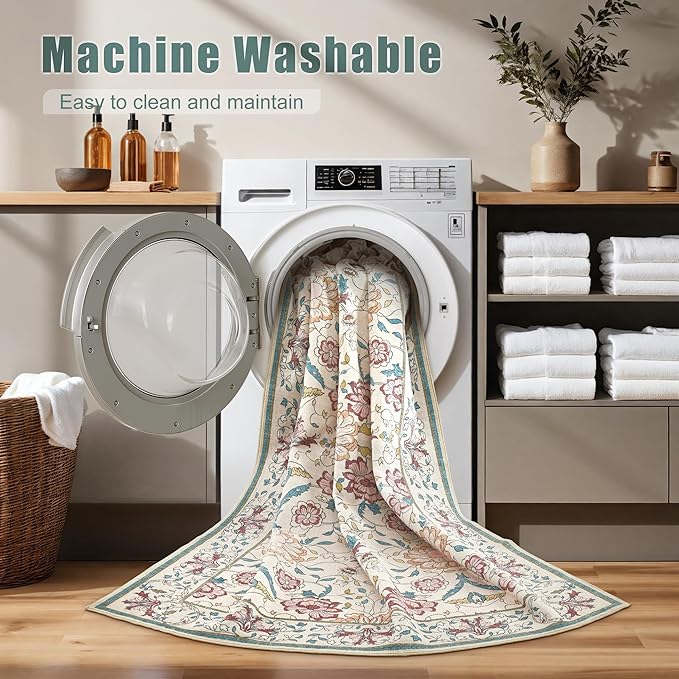 Nursery Rug 10x14 for Kids & Girls - Washable Vintage Large Floral Area Rugs - Ultra Thin Stain Resistant Non Slip Carpets for Kids Playroom, Living Room, Bedroom, Dining Room, Office - Floral Multi