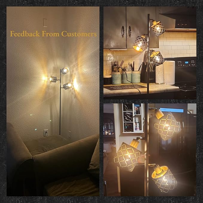 Industrial Floor Lamps for Living Room, Tree Standing Lamp for Bedroom with Adjustable 3-Light, 4W E12 LED Bulb, Modern Stand Up Lamps, Metal Tall Rustic Pole Lamp, Vintage Farmhouse Floor Lamp