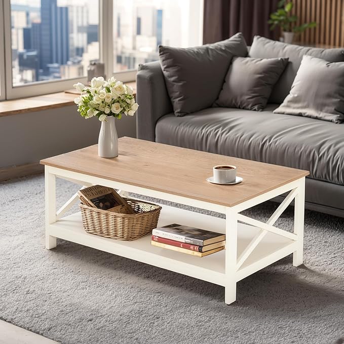 ALPHA HOME Coffee Table with Storage, Farmhouse Coffee Tables for Living Room 2-Tier Modern Coffee Table, Ivory