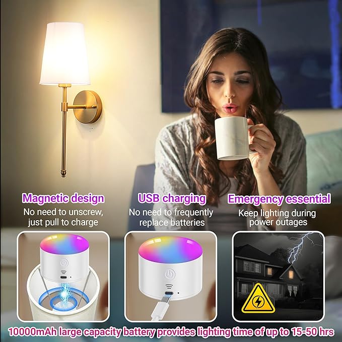 Battery Operated Wall Sconce Set of 2, Rechargeable Wall Sconce with 10000mAh Bulb and Remote Control, Up to 50 Hrs Use, RGB Dimmable Wireless Wall Lights for Living Room Bedroom Hallway