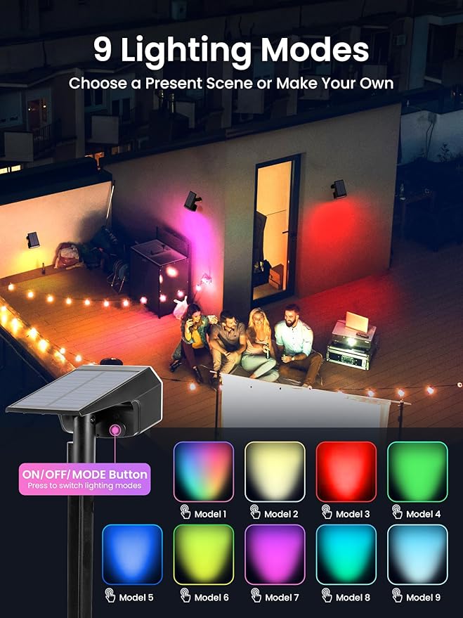 Color Changing Solar Spot Lights Outdoor, 9 Lighting Modes Colored Solar Lights Outdoor RGB, Color Light Waterproof IP65, Landscape Spotlights for Halloween Christmas Decorations