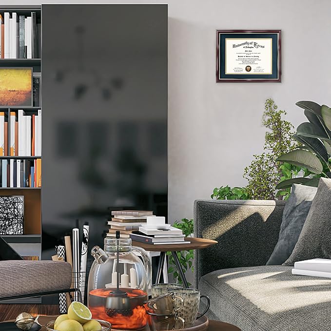 GraduationMall 8.5x11 Diploma Frame with Navy over Gold Mat or Display 11x14 Certificate without Mat,Solid Wood & UV Protection Acrylic,Glossy Cherry Finish with Gold Trim