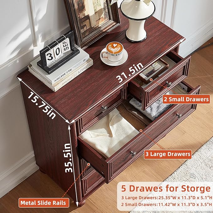 Farmhouse 5 Drawer Dresser for Bedroom Set of 2, 35.5" Tall Small Dressers & Chest of Drawers, Rustic Wood Dresser with Roman Column, Storage Organizer for Living Room, Hallway, Closet (Red Oak)