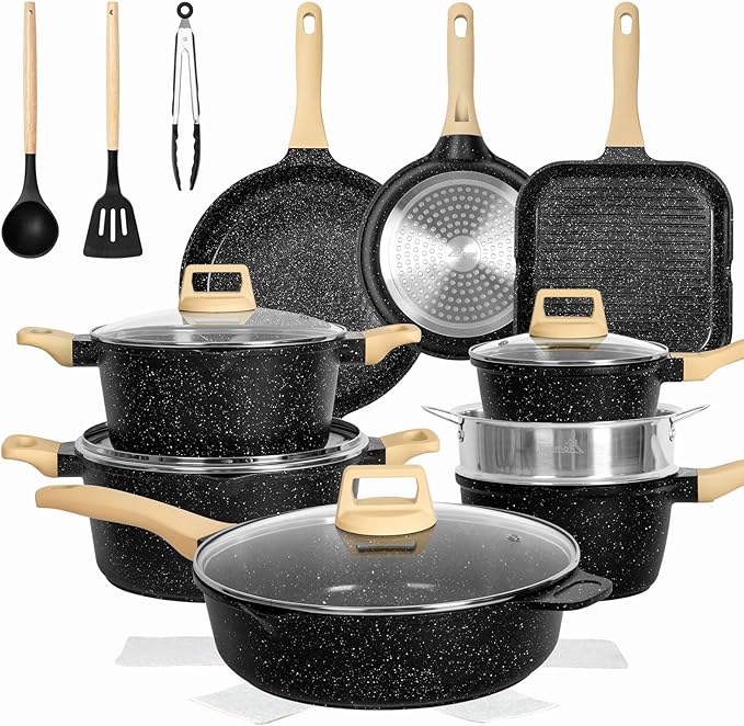 Romswi 23pcs Pots and Pans Set Non Stick, Kitchen Cookware Set with Casserole, Frying & Saucepans, Oven Safe & Stovetop Agnostic (Gas, Electric & Induction) - Black