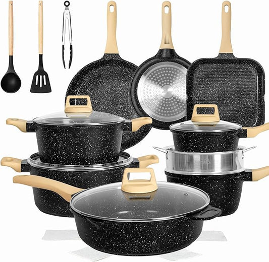 Romswi 23pcs Pots and Pans Set Non Stick, Kitchen Cookware Set with Casserole, Frying & Saucepans, Oven Safe & Stovetop Agnostic (Gas, Electric & Induction) - Black
