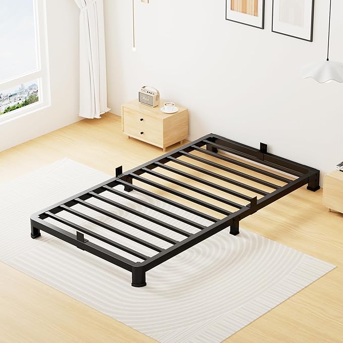 4 Inch Twin Bed Frame Low Profile, Heavy Duty Metal Platform Bed Frame with Round Corner Legs, Sturdy Mattress Foundation, No Box Spring Needed, Easy Assembly, Noise Free, Black