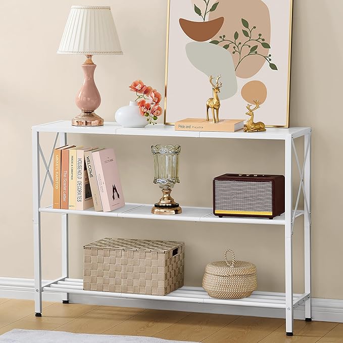 Hoctieon White Industrial Console Table, 3 Tier Entryway Tables, Hallway Desk, Narrow Sofa Tables with Shelves, Entrance Table for Entryway, Living Room, Foyer, Hallway, Office, White