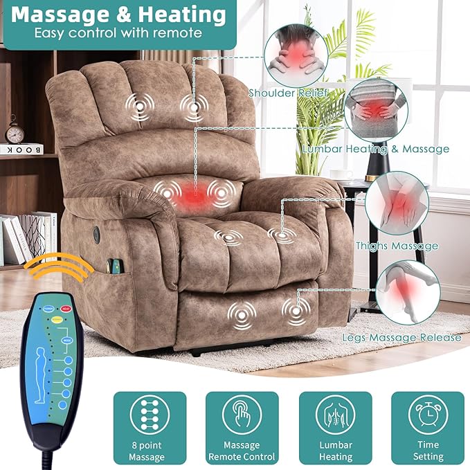 MEETWARM Large Power Lift Electric Recliner Chair with Extended Footrest for Elderly, Big and Tall Lift Chair for Seniors Reclining Chair for Living Room with Massage and Heated,USB Ports(Plush-Brown)