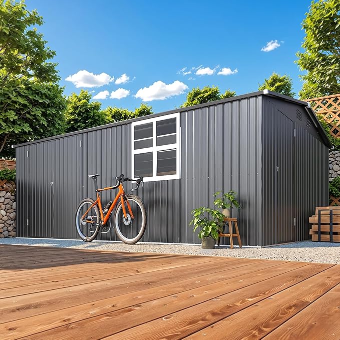AECOJOY 16' x 12' Outdoor Storage Shed, Large Metal Sheds & Outdoor Storage Clearance 12x16 with Windows, Steel Backyard Shed, Utility Tool Storage for Garden, Patio, Outside use in Dark Grey