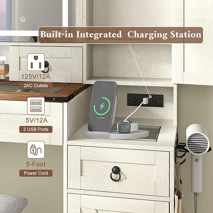 Farmhouse Makeup Vanity Desk with Sliding Mirror and Lights, 42" Glass Top White Vanity Set with Charging Station & 4 Drawers & 2 Cabinets, Dressing Table with Stool for Bedroom