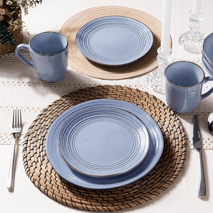 Famiware Plates and Bowls Sets 12-Piece Stoneware Dinnerware Sets, Dishes Set for 4, Hand-made Reactive Glaze Dish Set, Twilight Series, Blue