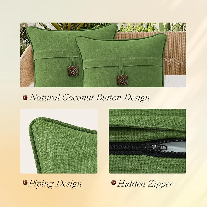 Outdoor Decorative Pillows with Coconut Button Pack of 4, 16" x 16" Outdoor Pillow Set for Couch Bed Throw Patio Sofa, Grass Green