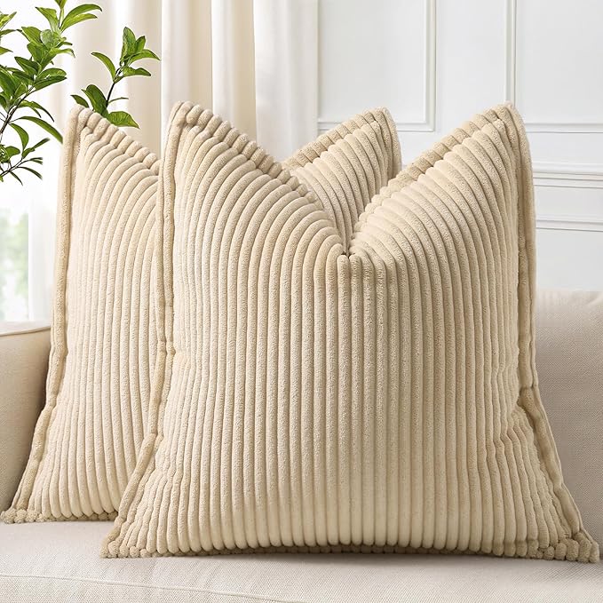 decorUhome Corduroy Beige Throw Pillow Covers 16x16 Set of 2 Decorative Soft Boho Striped Neutral Euro Farmhouse Couch Pillow Covers with Broadside for Living Room Bed Sofa