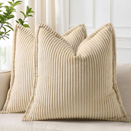 decorUhome Corduroy Beige Throw Pillow Covers 26x26 Set of 2 Decorative Soft Boho Striped Neutral Euro Farmhouse Couch Pillow Covers with Broadside for Living Room Bed Sofa