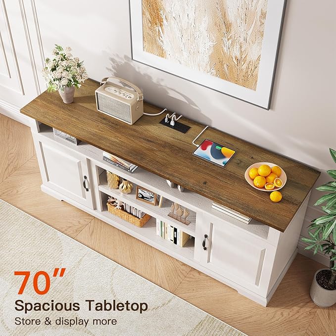 Amada Farmhouse TV Stand for TVs Up to 80 inches, Modern Entertainment Center TV Stand with Drawers Storage Cabinets, Adjustable Shelves, Rustic Media TV Console Table for Living Room, Bedroom, White