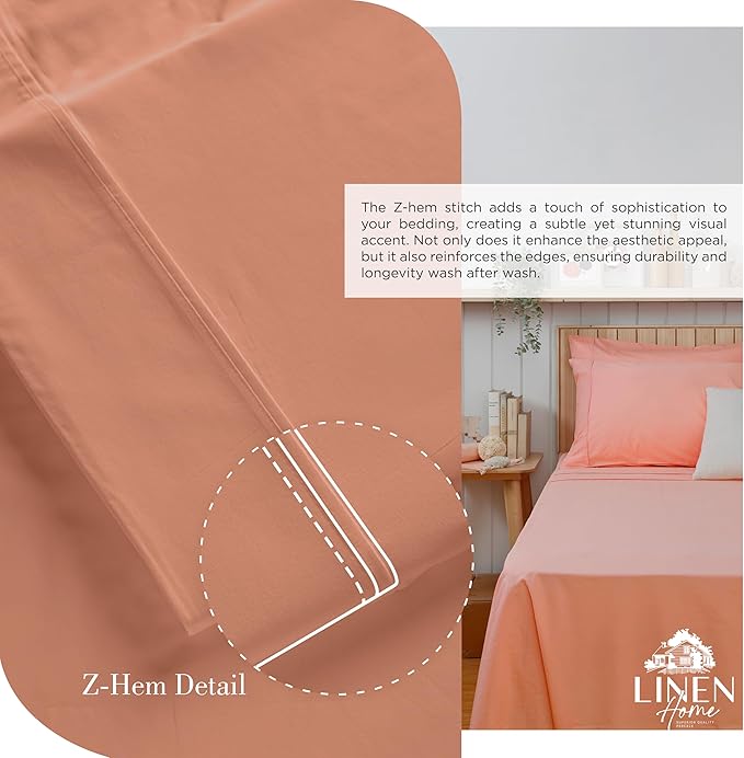 Linen Home 100% Cotton Percale Sheets California King Size, Tera Clay, Deep Pocket, 4 Pieces Set - 1 Flat, 1 Deep Pocket Fitted Sheet and 2 Pillowcases, Crisp Cool and Strong Bed Linen