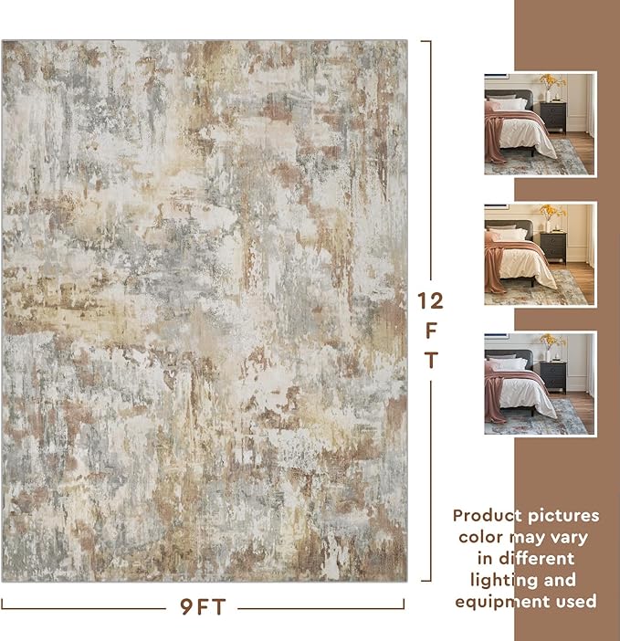 tchdio Area Rug 9x12 Rugs for Living Room- Abstract Soft Living Room Rug-Non Slip Carpet- Washable Rug for Bedroom Dining Room Home Office Modern Rugs Light Grey/Brown/Beige