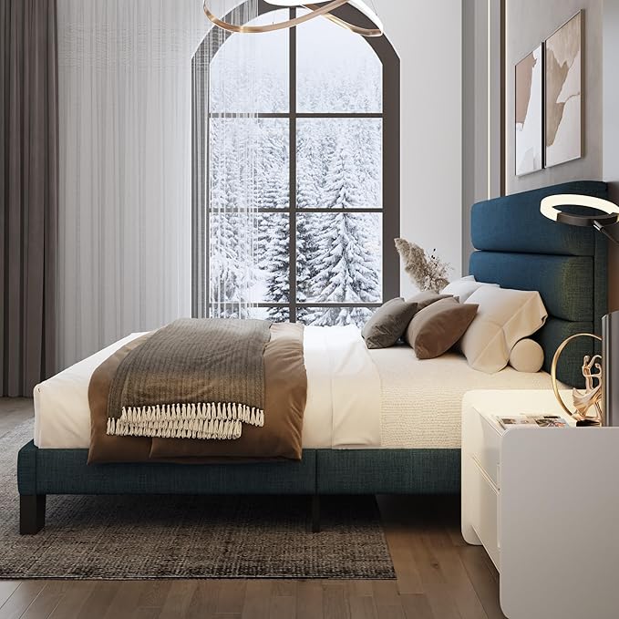 WEEWAY King Bed Frame Platform Bed with Linen Fabric Upholstered Headboard and Wooden Slats Support, Heavy Duty Mattress Foundation, No Box Spring Needed, Easy Assembly, Navy Blue