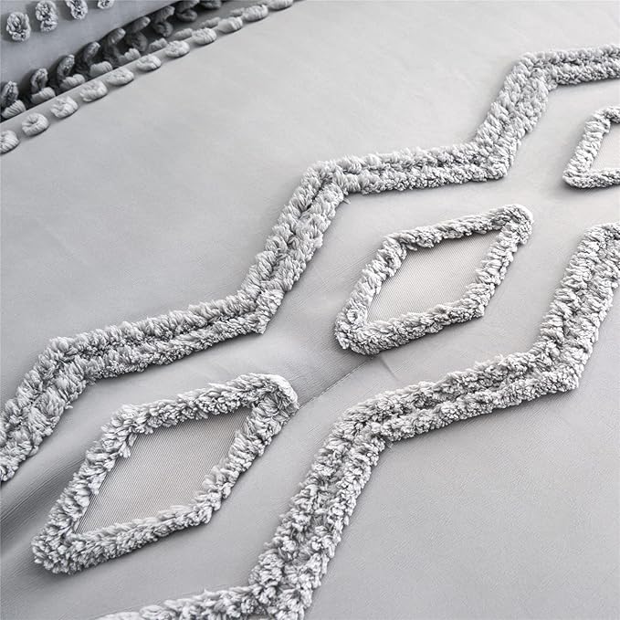 KAKIJUMN Grey Tufted Comforter Set Full Size 7 Piece Bed in a Bag, Shabby Chic Boho Comforter and Sheet Set, Pom Pom Textured Bed Set, All Season Soft Microfiber Complete Bedding Set(Grey,Full)