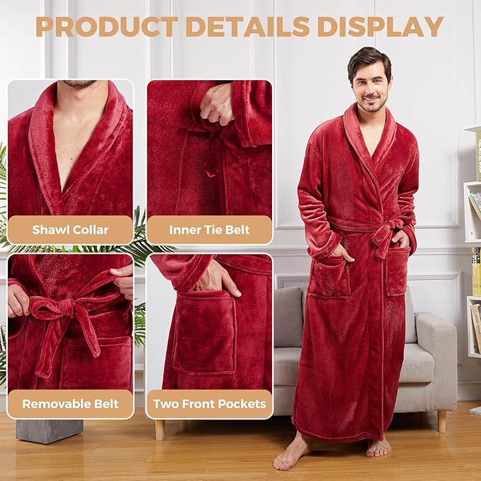 FashGudim Mens Robes Big and Tall Full Length Plush Fleece Long Robe for Men Bathrobe Shawl Collar Warm Winter House Robes