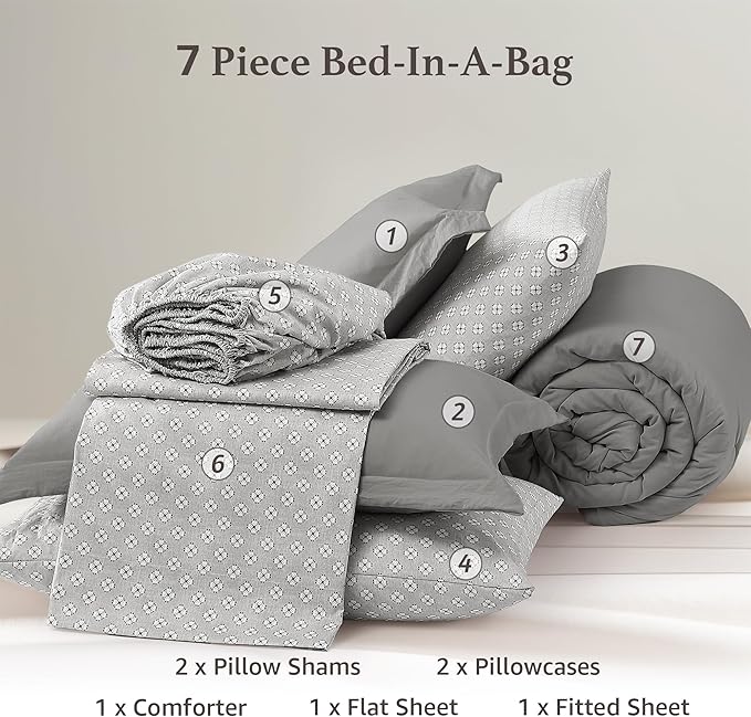 Monbix King Size Comforter Set - 7 Pieces Granite Grey Prewashed Bed in a Bag King Bedding Sets with Comforters, All Seasons Down Alternative Comforter Bed Set with Sheets,Pillowcases & Shams