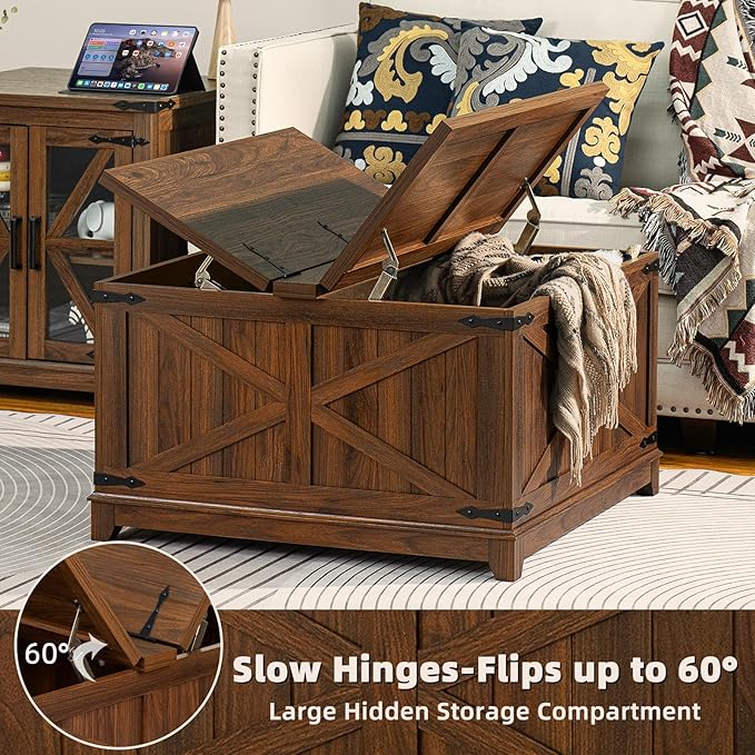 Farmhouse Coffee Table Set, 3 Pieces: Large End Side Tables with Charging Station and Coffee Table with Hidden Storage Compartment, Brown Wood Furniture Sets for Home Office