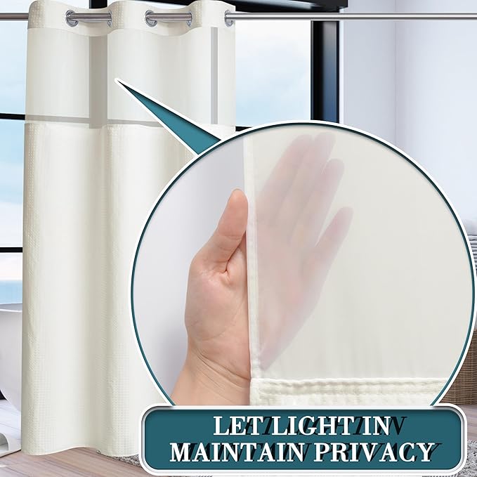 Conbo Mio Stall No Hook Waffle Weave Shower Curtain with Snap in Liner Set, Hotel Luxury Beige Shower Curtains for Bathroom with See Through Top Window, Waterproof, Washable 36W x 74H