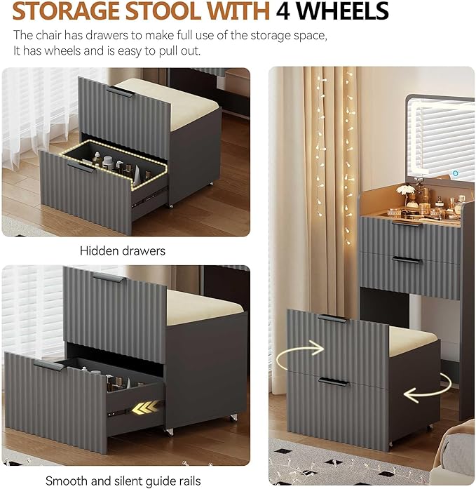 LED Compact Makeup Vanity with Flip Top Mirror, 3 in 1 Small Vanity Set with Glass Desktop, Mini Dressing Table with Storage Compartment and Cushioned Stool,3 Drawers, Bedroom Gray