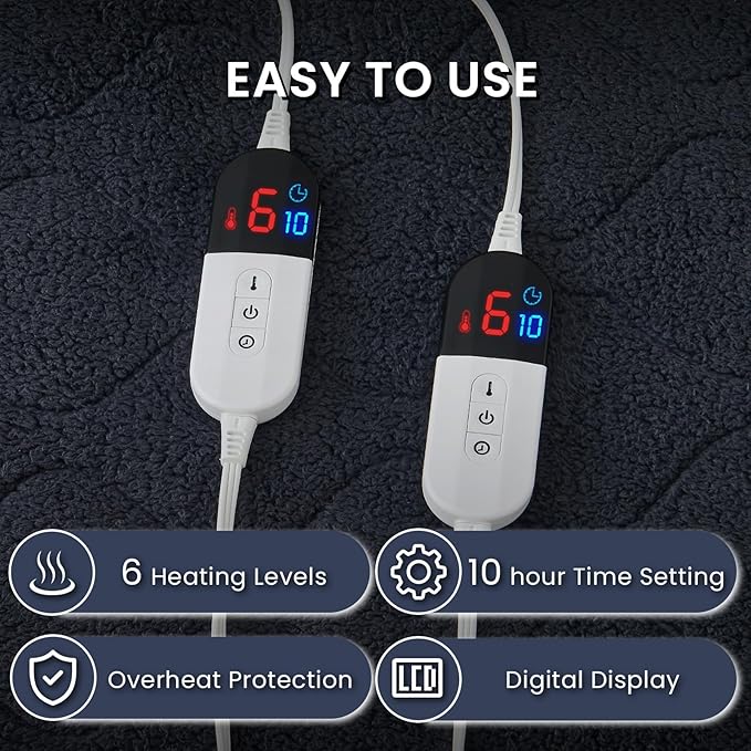 California King Size Heated Mattress Pad Sherpa Electric Mattress Pads Electric Bed Warmer Fit up to 21" with 6 Heat Settings Dual Controller 10 Hours Auto Shut Off, Dark Gray