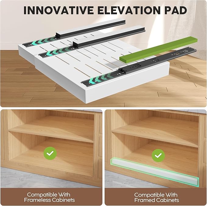 4 Pack Pull Out Cabinet Organizers 21" Deep With Raising Pad for Framed Cabinets, Expandable Width (15.2"-26.3") Slide Out Drawers Upgrade 3 Slide Rails, Roll Out Shelves Adhesive, White