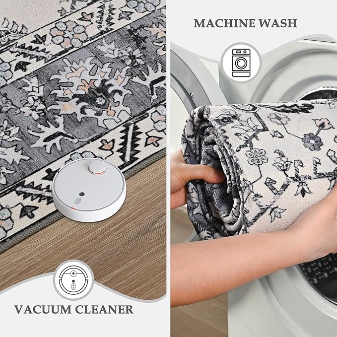 Living Room Rug 6x9 Rug, Machine Washable Area Rug Non Slip Low Pile Rug for Living Room, Bedroom, Farmhouse, Dining Room, Grey