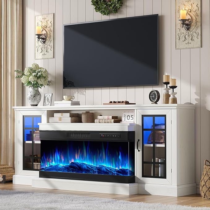 AMERLIFE 75in 3-Sided Glass Fireplace TV Stand with LED Lights for TVs up to 85", Rustic Fireplace Media Entertainment Center Console Table Cabniet with Glass Door Closed Storage, Distressed White