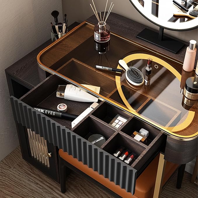 Lartis Makeup Vanity, with LED Makeup Mirror, Three Adjustable Light Levels, Tempered Teal Glass countertop,White Wax Wood Makeup Stool