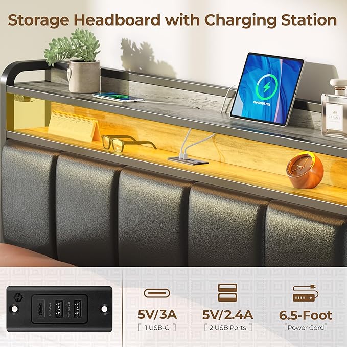 Rolanstar Bed Frame Queen Size with Charging Station and LED Lights, Upholstered Storage Headboard with Drawers, Heavy Duty Metal Slats, No Box Spring Needed, Easy Assembly, Vintage Grey and Black