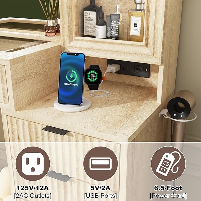 55" Fluted Makeup Vanity Desk with Large Mirror and Lights, Modern Glass Top Big Vanity Table with 9 Drawers & Open Storage Shelves, Dressing Table w/Charging Station for Bedroom, Oak