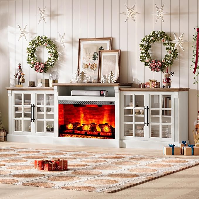 97" Farmhouse TV Stand with 33" Fireplace for TVs up to 100", Media Entertainment Center with Large Storage Cabinet and Adjustable Shelves for Living Room, White/Barnwood