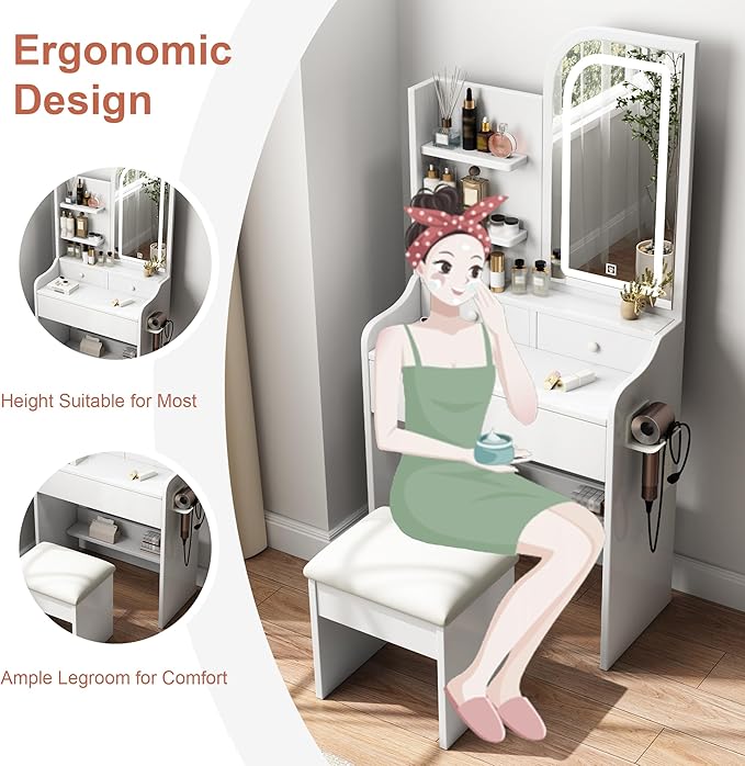 Vanity Desk with Mirror and Lights, Stylish White Desk with 3-Color Adjustable Lighting Dressing Table, Dressing Table Set for Bedroom Storage, Makeup & Hair Styling