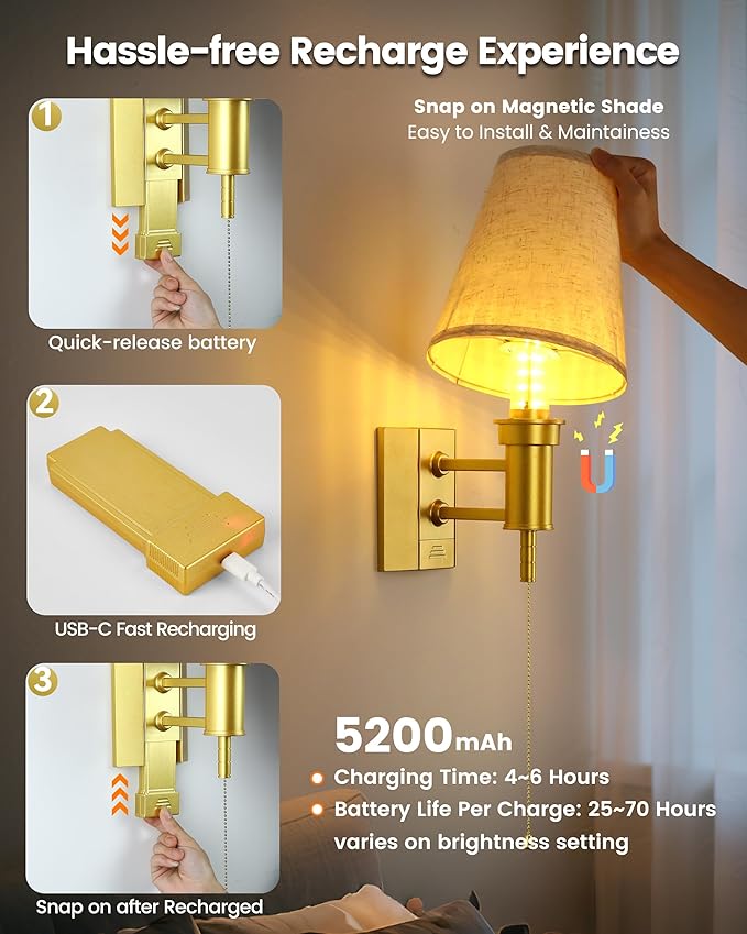 Battery Operated Wall Sconce Lights Décor for Bedroom Set of 2, Wireless Rechargeable LED Wall Lamp with Remote & On/Off Pull Chain, Wall Mount Lighting Fixtures for Living Room, Satin Gold