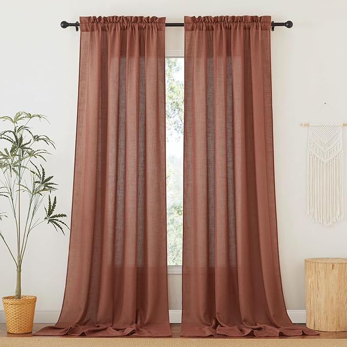 RYB HOME 108 inch Curtains Linen Woven - Modern Elegant Shabby Chic Semi Translucent Drapes Sun Filter Glare Control for Sliding Glass Door Hallway Hotel, W 52 x L 108 inch, 2 Panels Set, Terracotta