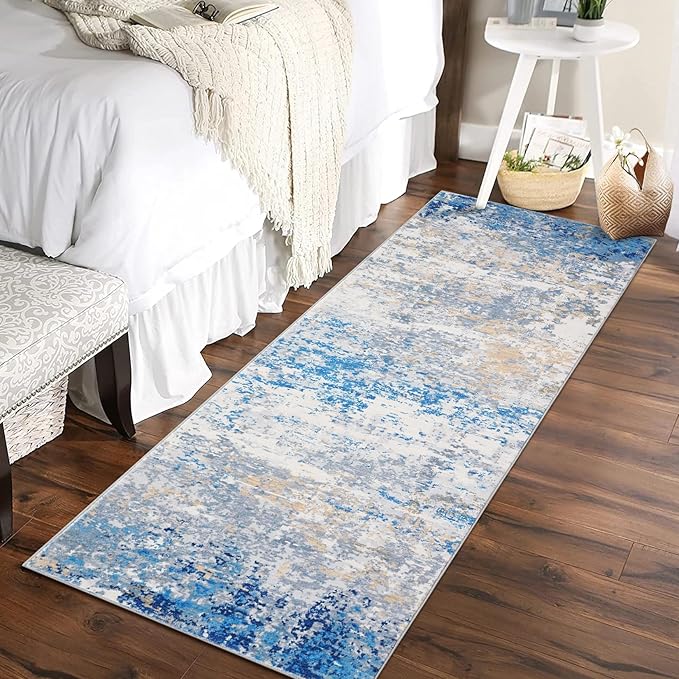 2x6 Modern Abstract Runner Rug Non Slip Soft Stain Resistant Low Pile Machine Washable Non Shed Rug for Hallway Kitchen Bathroom, Blue/Grey
