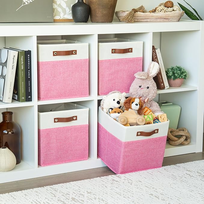 OrganiHaus 11x11 Fabric Cubes Storage Bins Set of 4, Foldable Collapsible Fabric Storage Bins for Organizer, Cubbies Organizer for Kallax, Linen Cube Shelf Baskets, Toy Organizing boxes - Pink/White