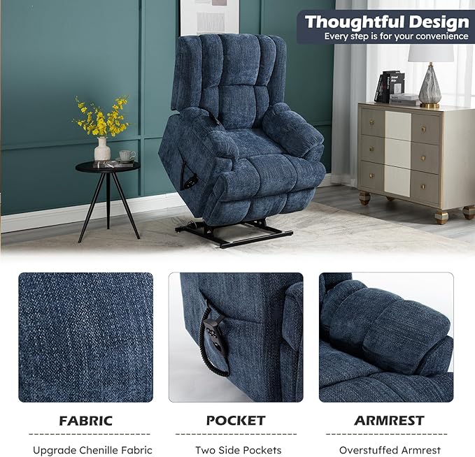 Dual Motor Power Lift Recliner Chair with Massage and Heat for Elderly People, Infinite Position, Dark Blue Recliner Chair, Chenille Fabric Lift Chair