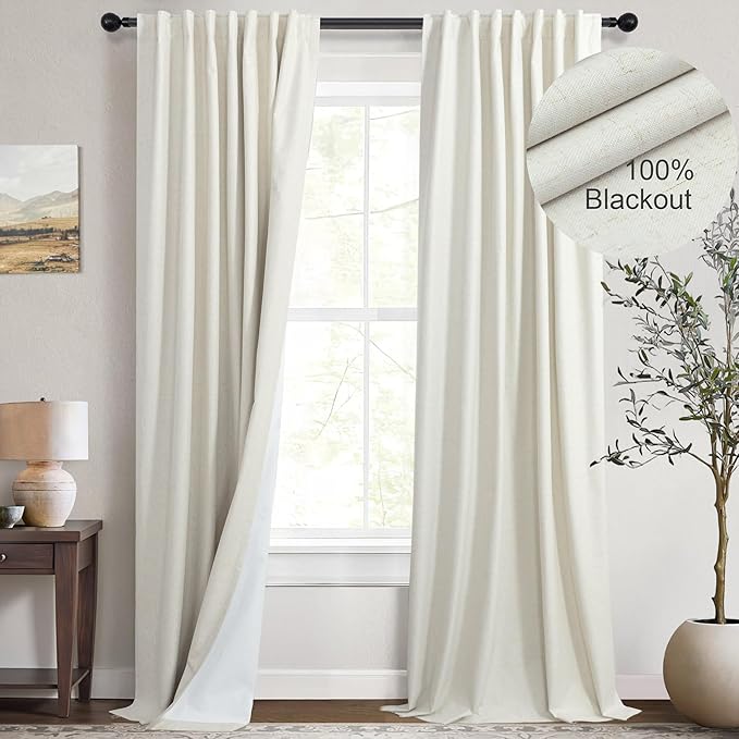 Natural Linen Back Tab Blackout Curtains & Drapes 96 Inch Long for Bedroom Livingroom Farmhouse Curtain 2 Panel Neutral Cute Black Out Room Darkening Thermal Insulated 8ft Pleated Window Curtain Cream