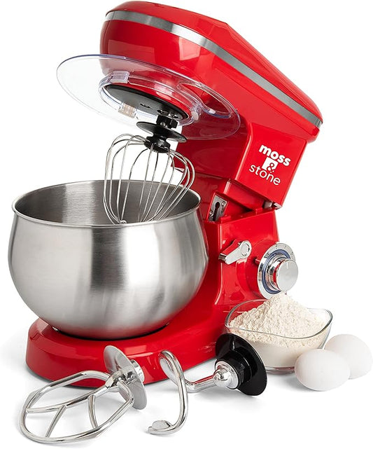 Moss & Stone Stand Mixer, 6 Speed Electric Mixer With 5.5 Quart Stainless Steel Mixing Bowl, Red Body Kitchen Mixer With Dough Hook, Whisk, Beater & Baking Spatula, Classic Food Mixer
