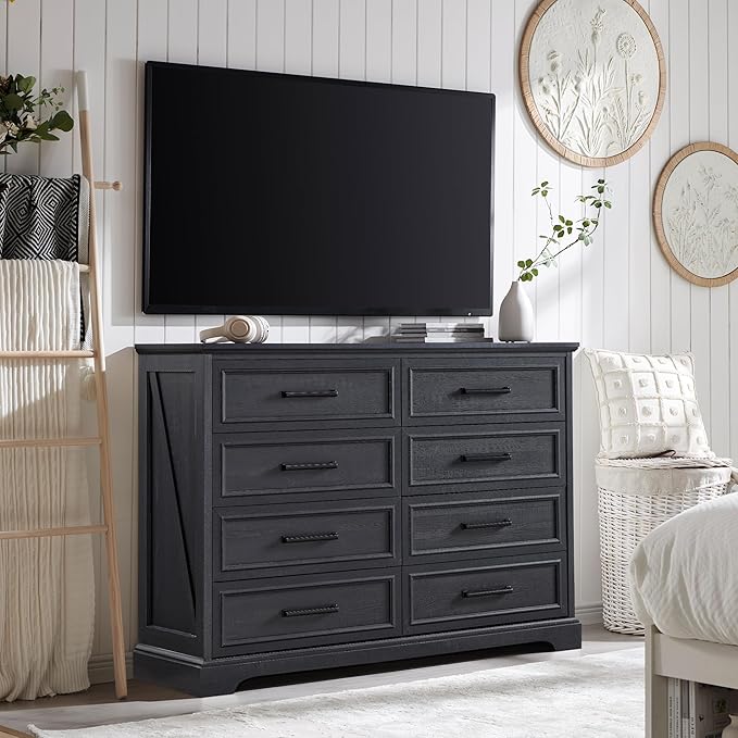 Farmhouse 8 Drawers Dresser Chests for Bedroom,52" Wide Wood Rustic Chest of Drawers with Metal Handle,Natural Texture,Drawer Organizer for Bedroom,Living Room,Hallway and Entryway,Black
